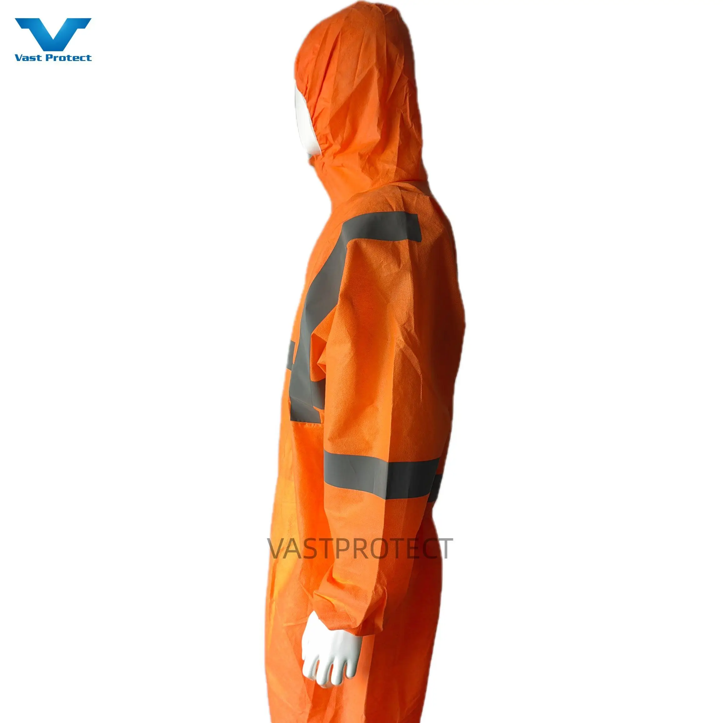 Type5&6 Orange Disposable SMS 56GSM Tyvek Coverall with Reflective Tape