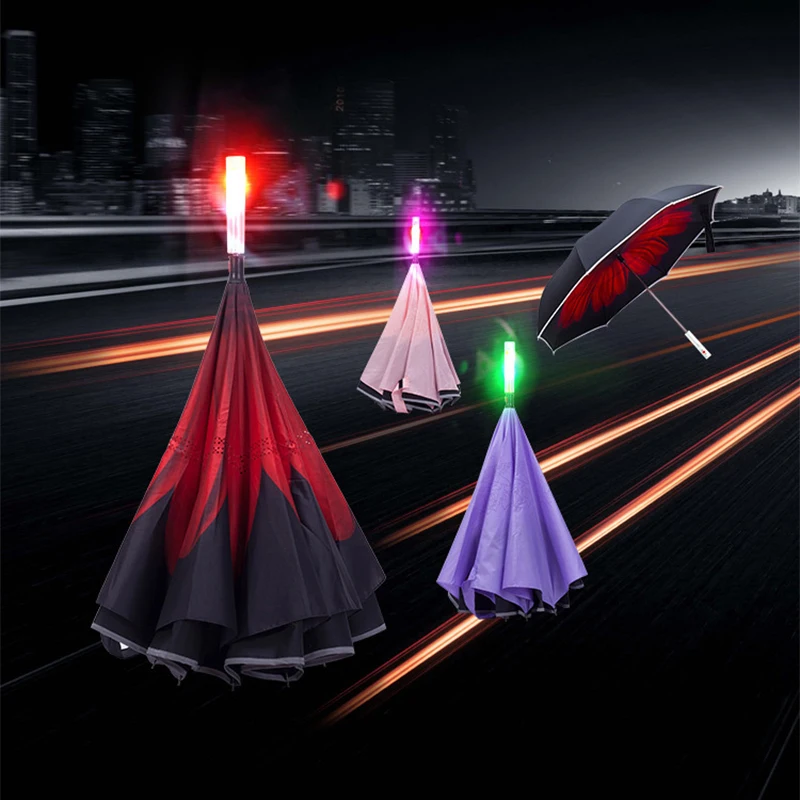 DD835  Advertise Flashlight Reflect Invert Reversed Led Handle Umbrella Windproof Golf Car Reverse Umbrella Light