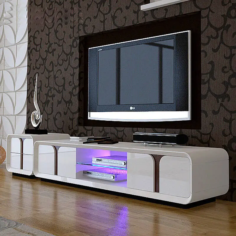 Modern Luxury High Gloss White Wholesale Blue Led Light Wooden Tempered Glass Tv Stand With Showcase