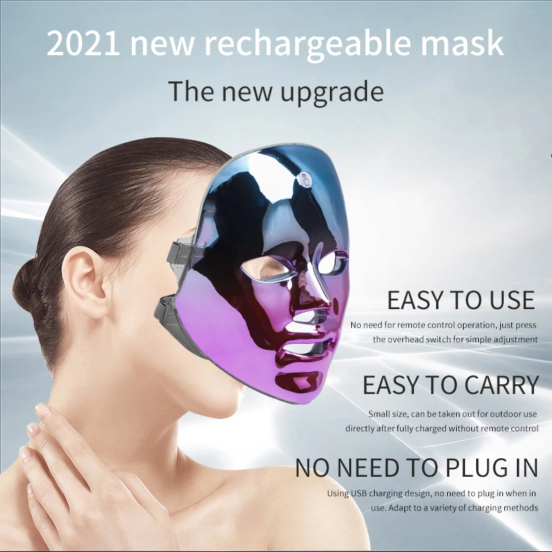 Wireless rechargeable 7 color led face mask photon handheld facial  pdt led light therapy machine