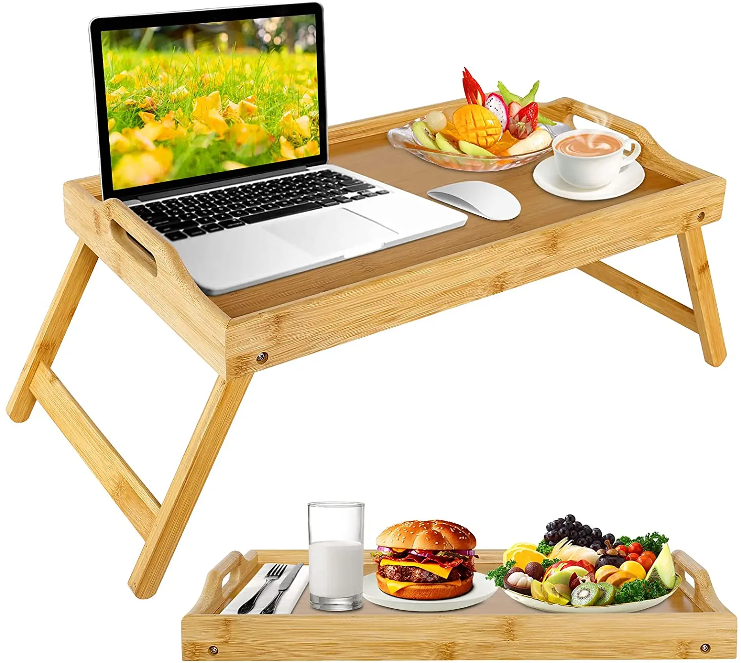Folding Leg Eating Bed Tray Bamboo Breakfast Serving Tray Portable Foldable Laptop Tray Table For Kitchen And Bed