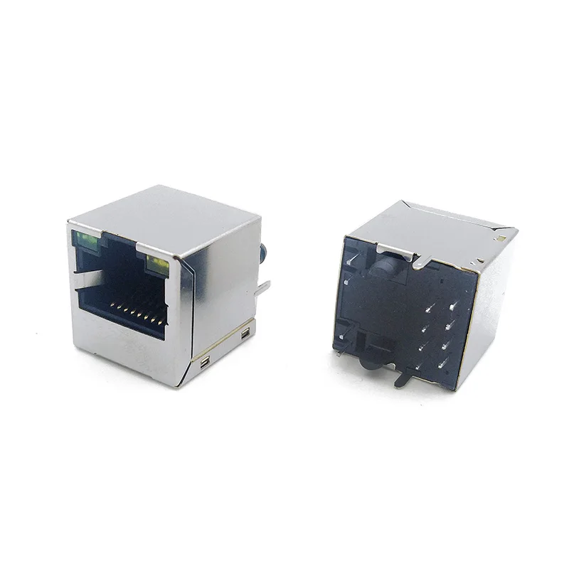 Hot selling 180 Degree 100M FILTER RJ45 Jack with LED 100 Megabyte transformer 4 circular rj45 shielded jack Network Connector