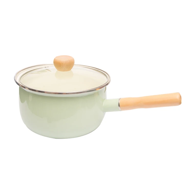 Custom kitchen cookware food warmer wood handle enamel pan with glass lid