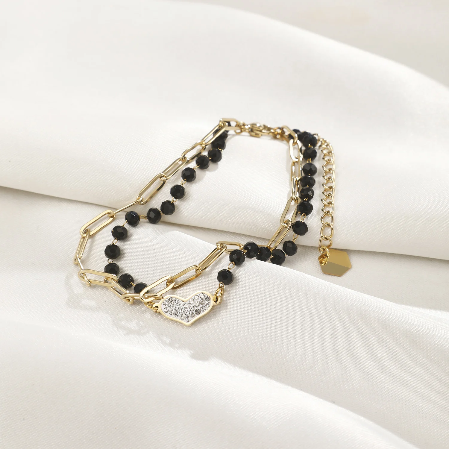 High quality adjustable Women Black crystal stone beads heart charm Bracelet heart pendant chain Bracelets with Lobster clasp