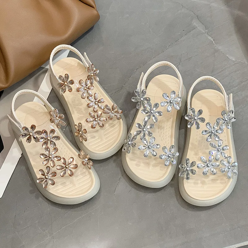 High quality fashion all-match flat sandals with glitter belt hook loop solid color sandals