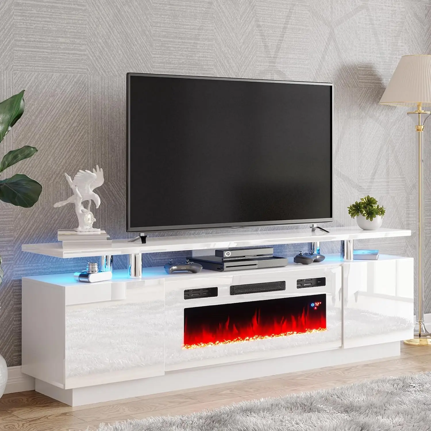 Coolbang Living Room High Gloss Tv Stand Entertainment Center LED Lights Tv Unit With Electric Fireplace
