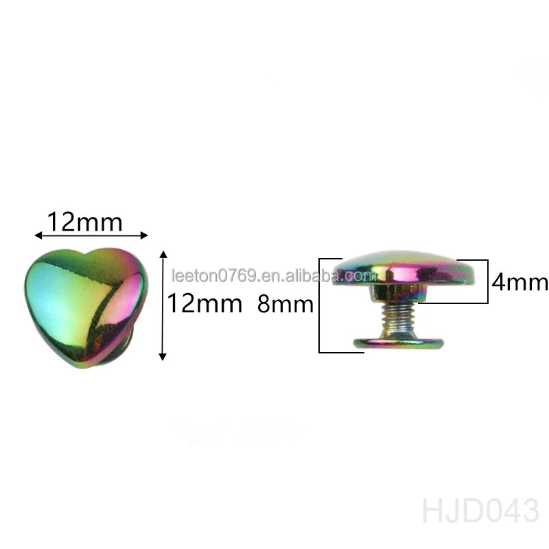 Stock supply high quality 12mm heart shaped rainbow metal bag rivets