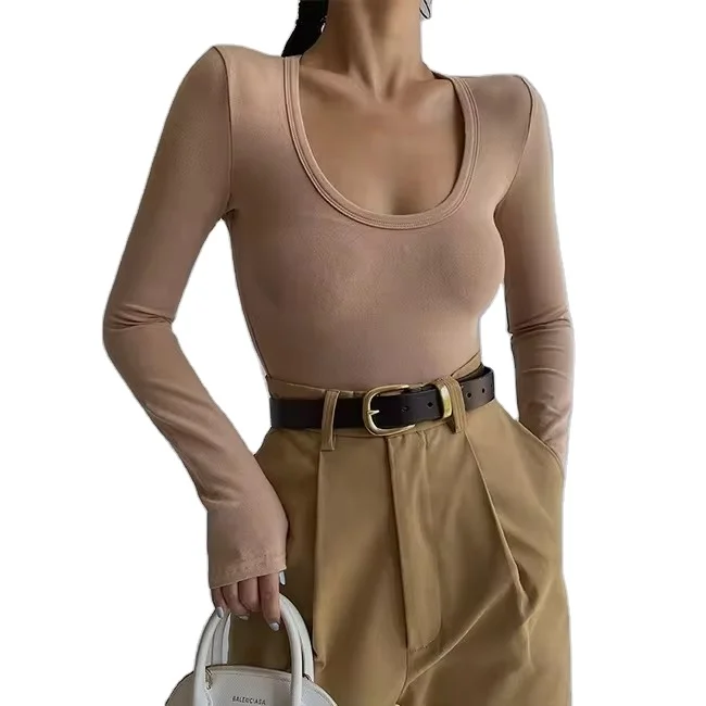 custom logo fashion design casual womens long sleeve shirts Low round collar sexy comfy cotton t shirt for women