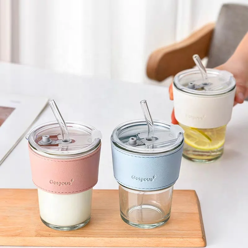 Reusable Custom Water Espresso Coffee Bubble Tea Glass Cups with Lids and Straws Glass cup with leather to prevent scalding