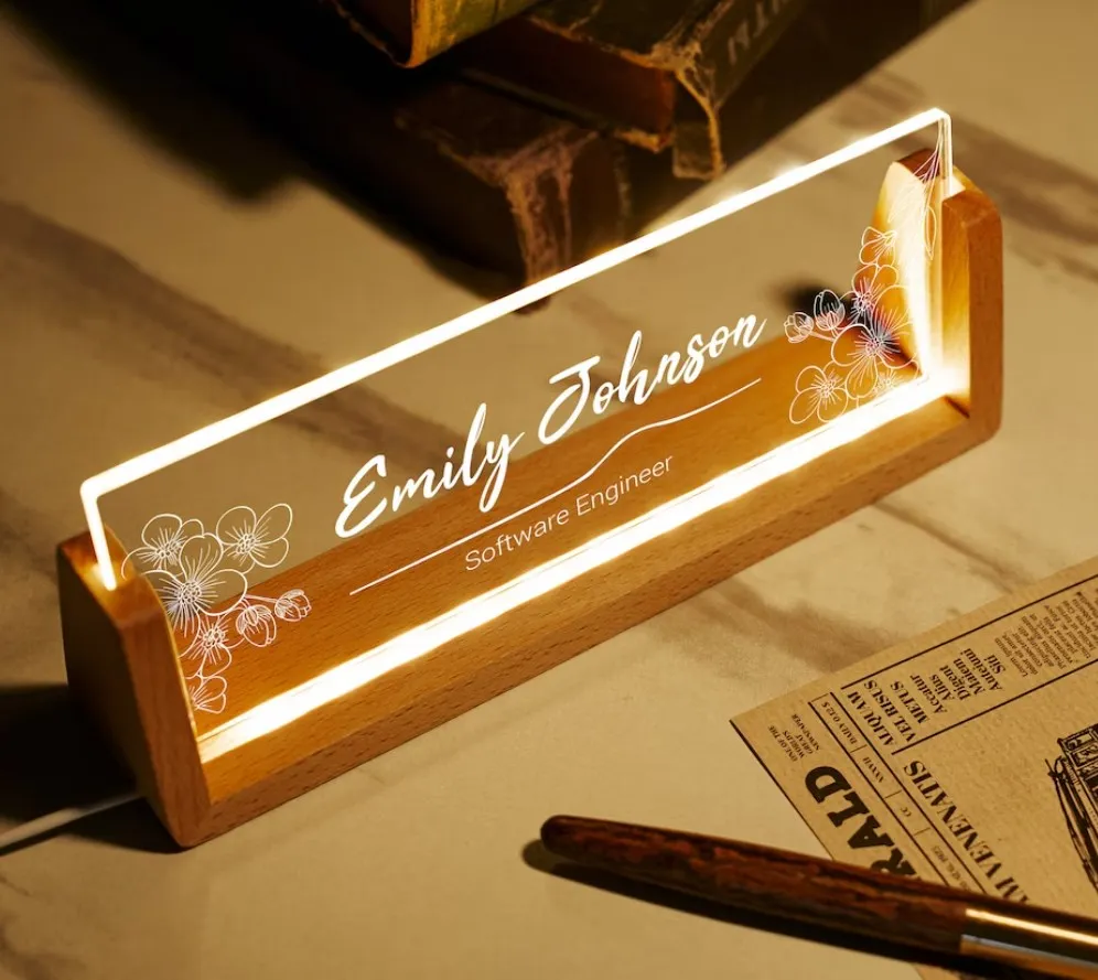 Office Personalized BOSS Coworkers gifts Modern Office Desk LED Lamp Lighted topper acrylic Desk Name Plate with Wooden Base