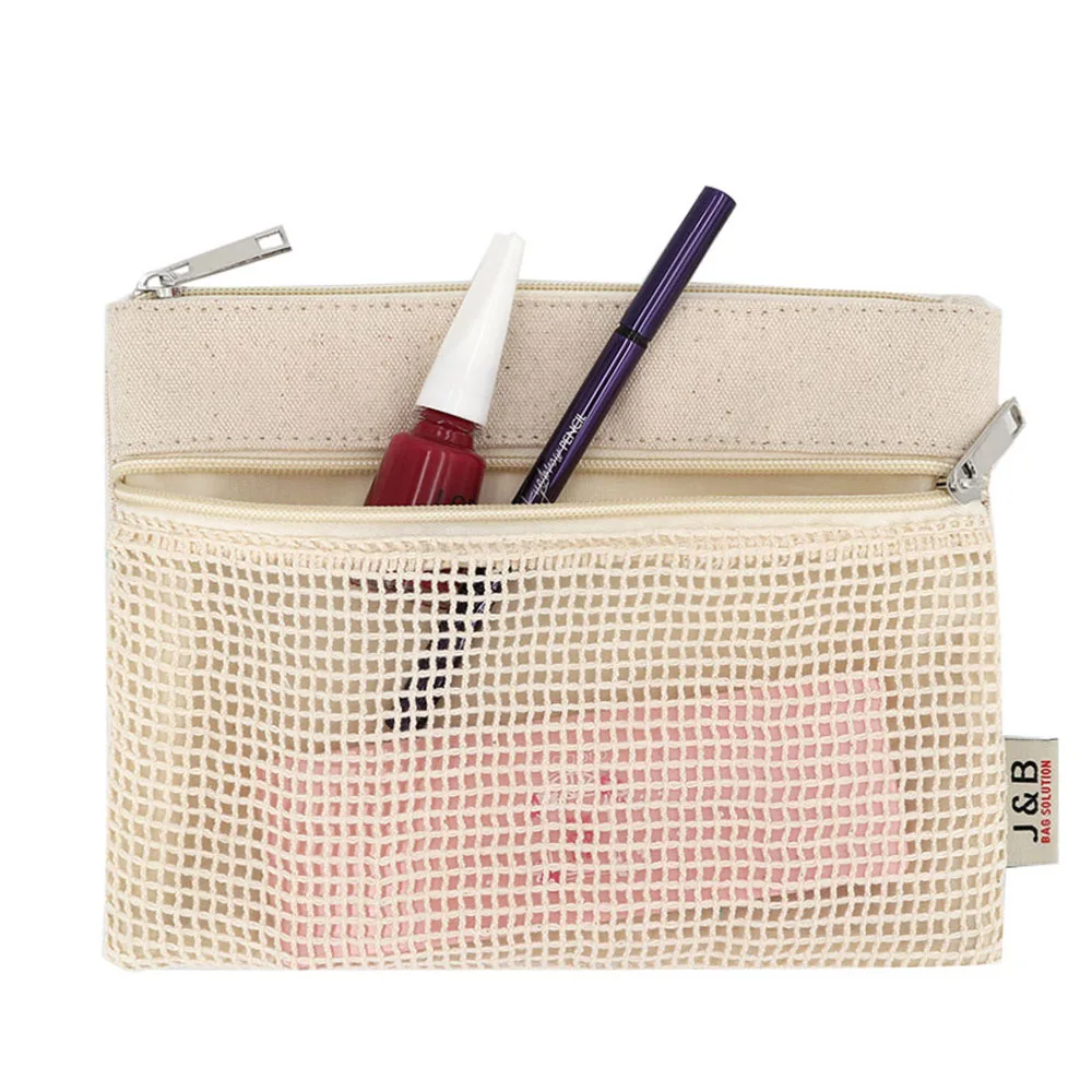 Travel Natural Canvas Zippered Cosmetic Makeup Organizer Bag Double Zipper Cotton Mesh Pocket Custom Logo Station Gift Bags