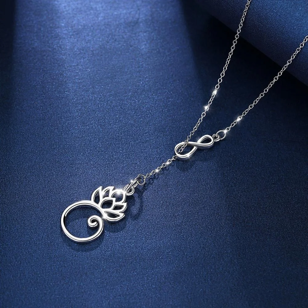 925 Sterling Silver Collarbone Charm Yoga Om Lotus Blossom Flower Necklace Pendant