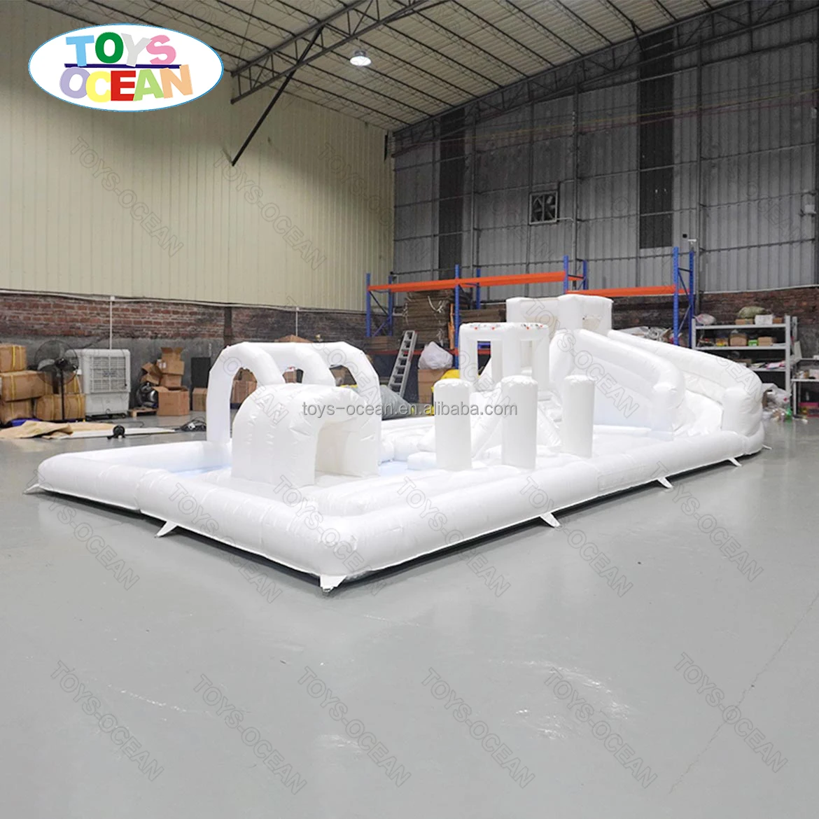 Customized 2024 new fashionable mini white splash pad water park inflatable obstacle course playground castle slide combo