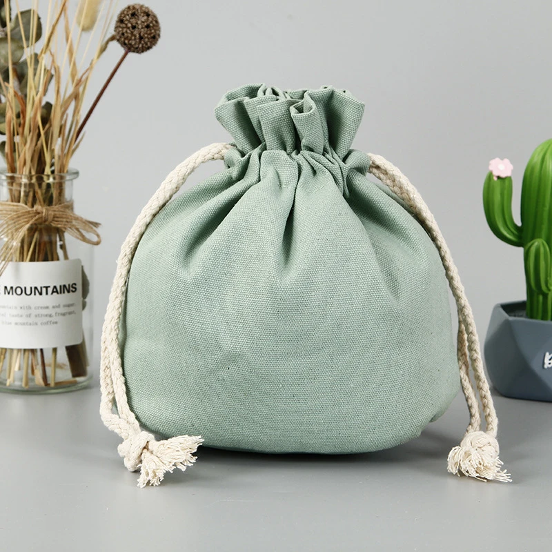 Recyclable Custom Logo Small Large Round Bottom Organic Natural Green Cotton Bag For Storage Double String Pouch Dust Bag