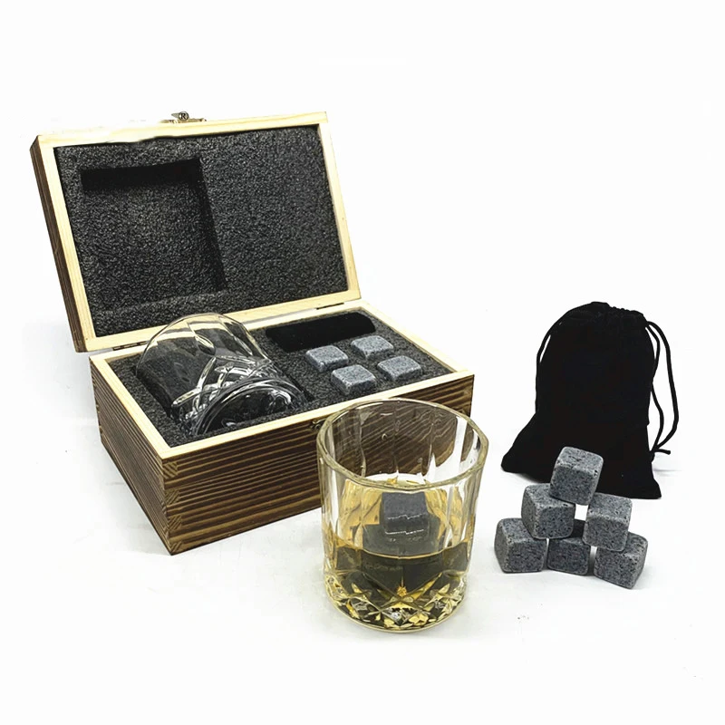 Whiskey ice rock cooling whiskey marble stones gin stones chilling rocks whiskey granite stone wooden gift set with glass cup
