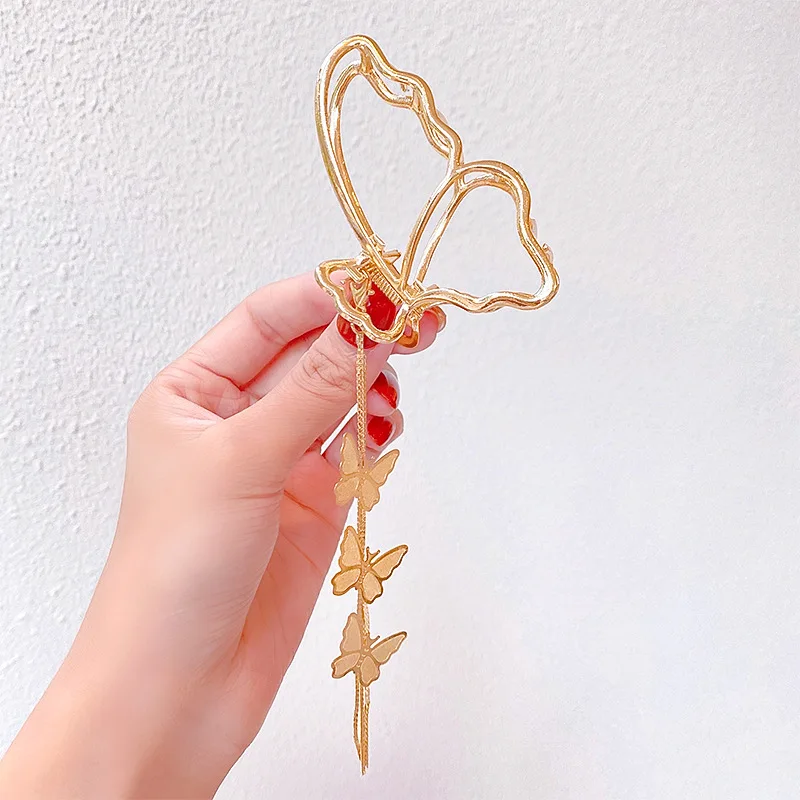 korean Girl Butterfly Pendant Tassel Hairpin Fashion Gold Plated Metal Butterfly Hair Claw Clip