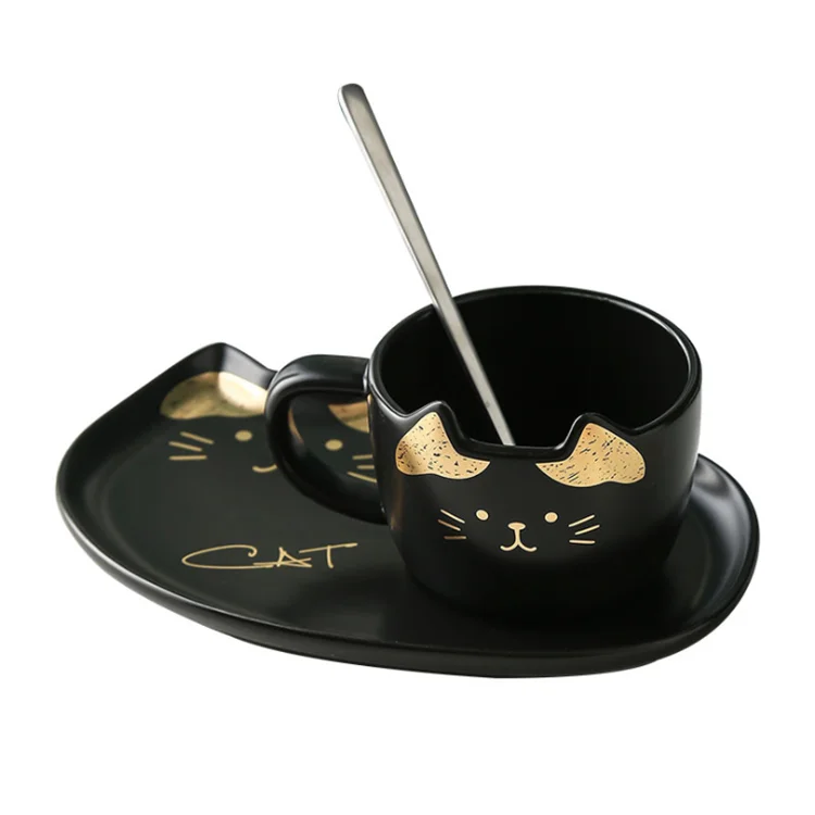 
Lovely matte kitten design coffee tea cup sets coffee ceramic mug with plate and spoon for tea time 