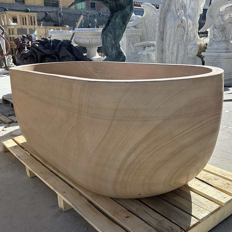 MUSI Bathroom Freestanding Carved Natural Stone Granite Shower Bathtub Solid Wood Grain Sandstone Stone Marble Bathtub