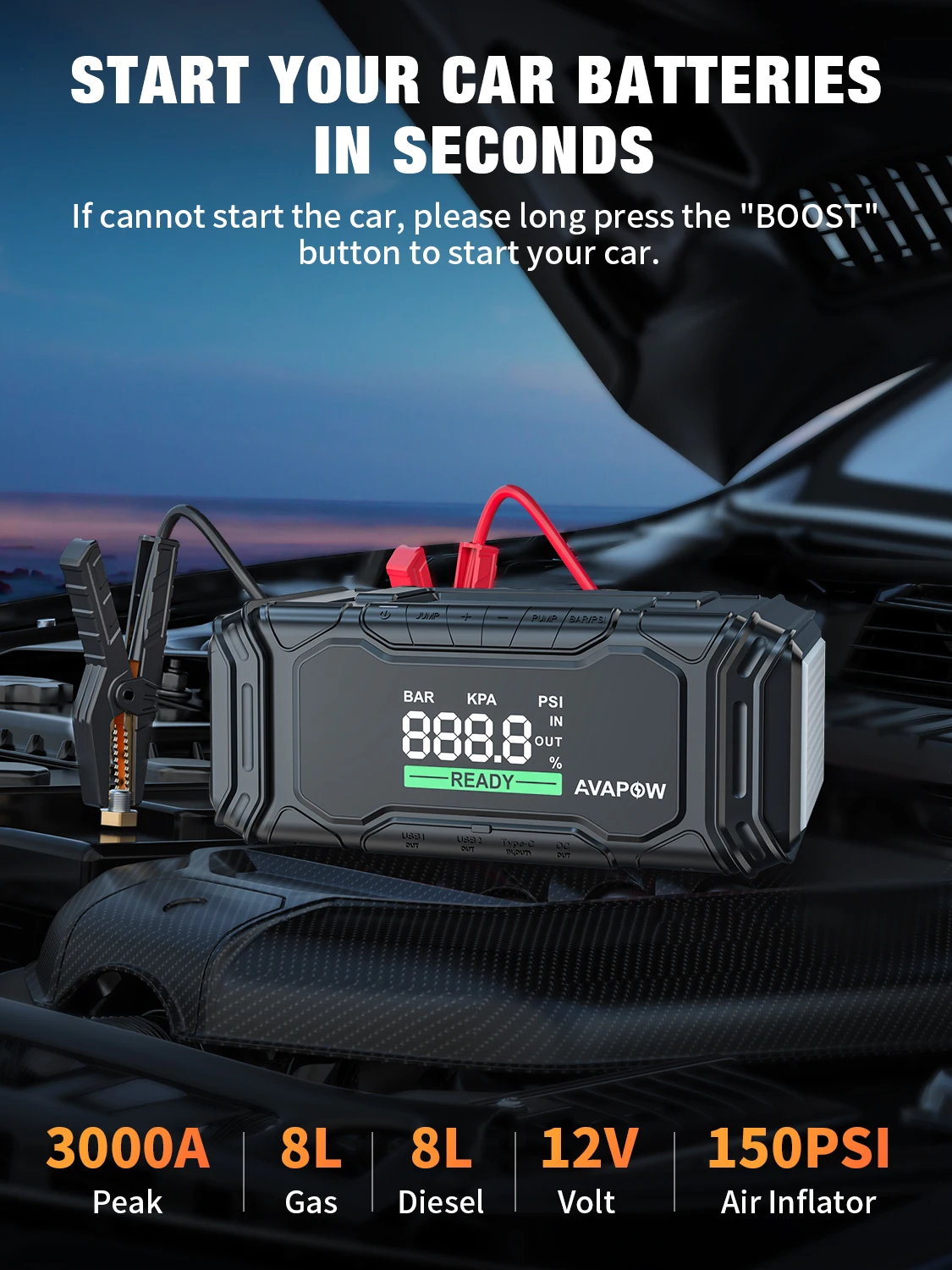 4 In 1 Multi-function Avapow  AP6  car jump starter With air compressor car battery jump starter with Portable Tire Inflator
