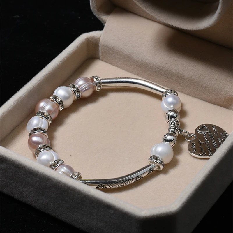 Ladies Alloy Multicolor Pearl Bead Bracelet Freshwater Charm Heart Design Cuff Pearl Bracelet Bangles