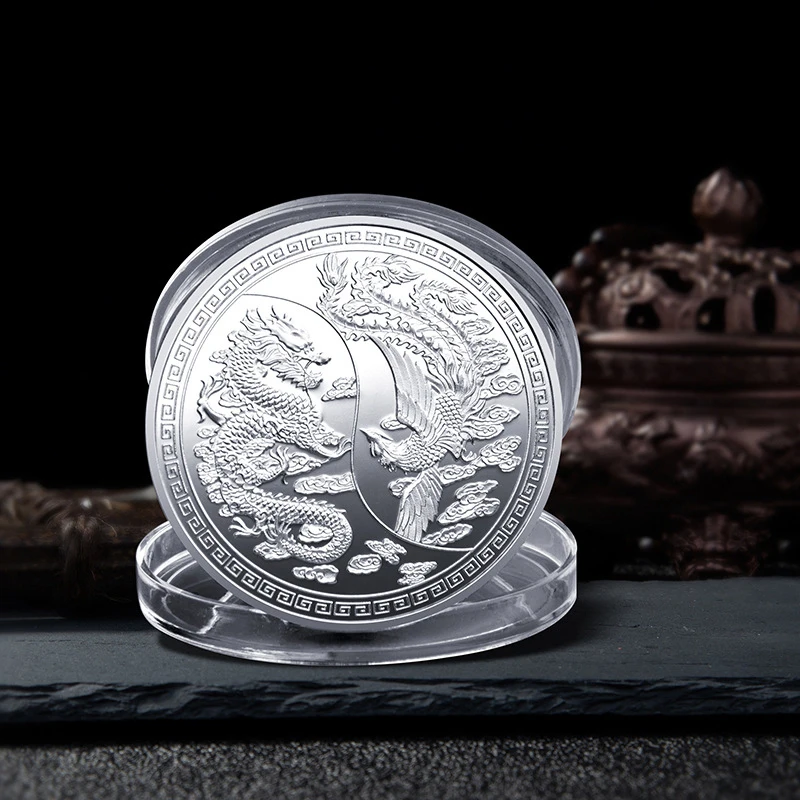 China Lucky Coin Dragon and Phoenix Collection Colored Gold Silver Plated Coin