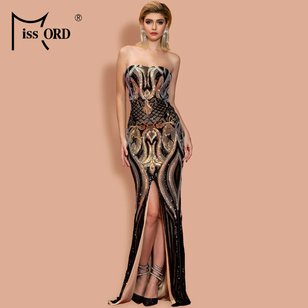 Hot Sale Off Shoulder Prom Gowns Split Thigh Geo Sequin Tube Bodycon Evening Dresses Party