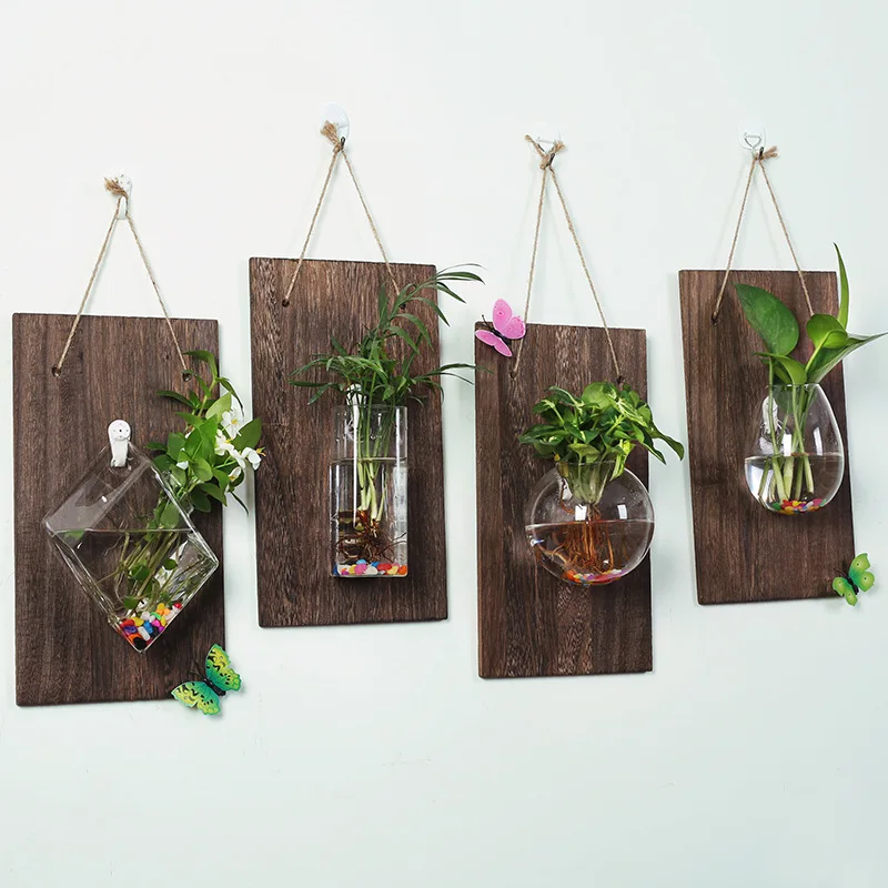 Creative Unique Hanging Geometric Vase Hydroponic Plant Vase Transparent Glass Vase With Wooden Board