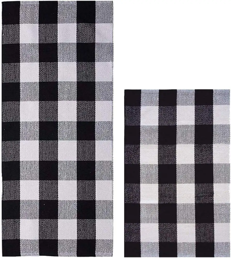 Cotton Checked Black and White Check Buffalo Plaid Rug for Porch Living Room Bedroom Kitchen Bathroom Laundry Room Bedroom