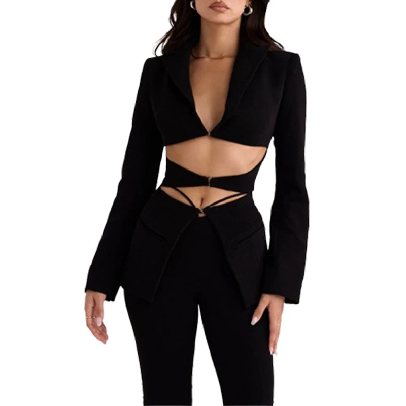 China Manufacturer Women Lady Suit Coat Lapel Women Long Sleeve V-Neck Elegant Coat Black Cutout Blazer