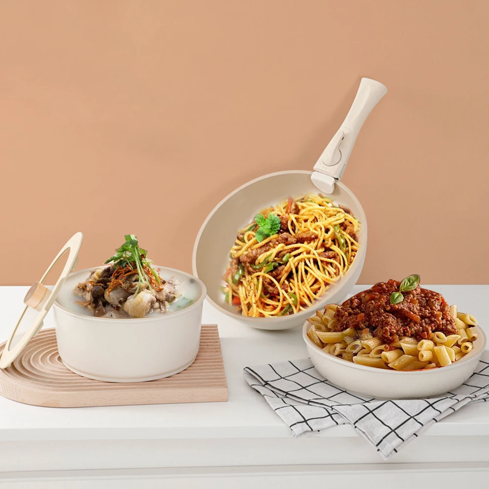 Набор кастрюль с индивидуальным логотипом для кемпинга/кухни кремового цвета антипригарная посуда со съемной ручкой