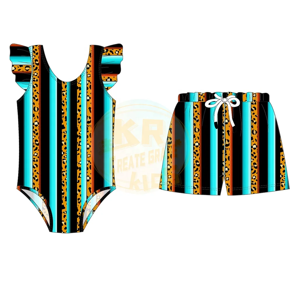 Factory Wholesale Baby Girls Vacation Butterfly Sleeve Backless Beach Wear+ boys  swim trunks Two piece swimwear for kids