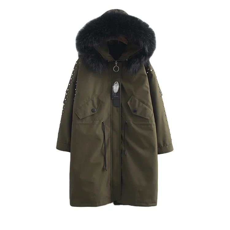 New arrival jtfur wholesale raccoon fur jacket winter furs warm lady long zipper rivet long parka
