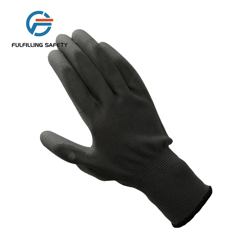 Working safety gloves polyester pu glove black nylon pu safety work gloves