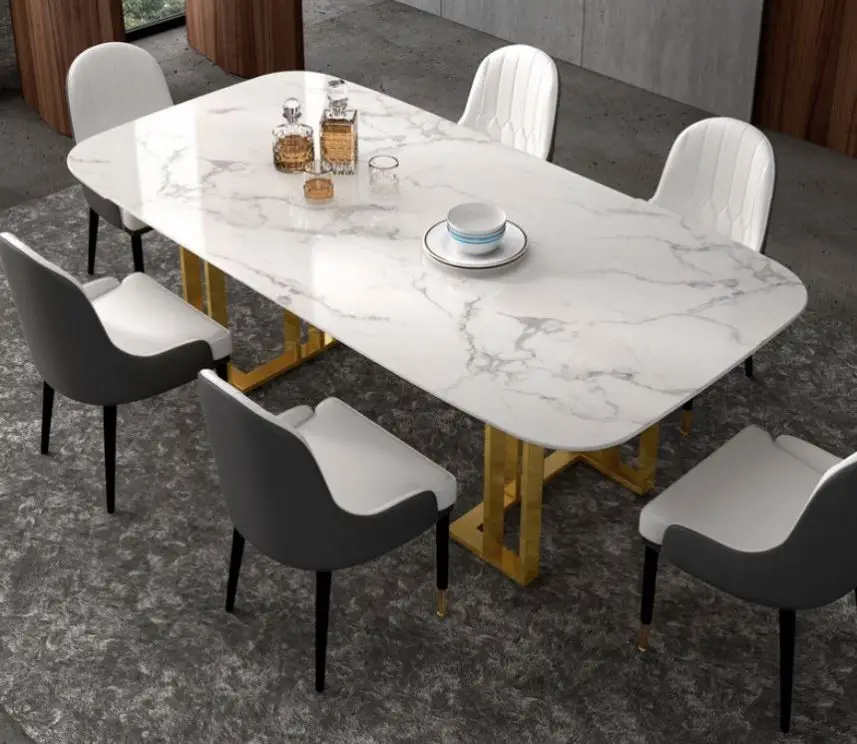 Nordic Light Luxury Furniture Marble Top Dining Table Restaurant Table Sets Gold Plated Frame