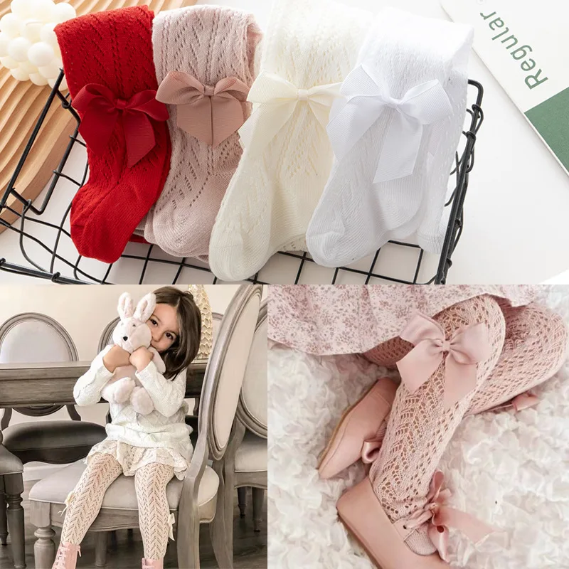 Korea Fancy Solid Color Princess Bows Newborn Tights Pantyhose Thin mesh Hollow Out Lovely Baby Kids Pantyhose
