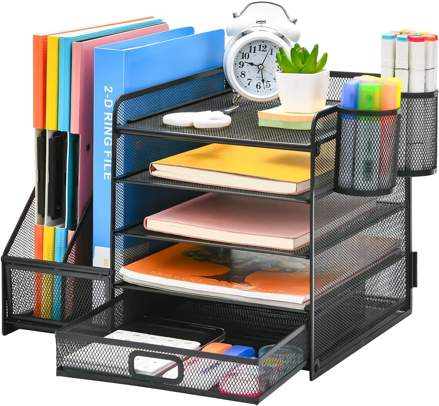 5-Tier Metal Desk Organizer with Drawer A4 File Rack and Letter Book Organization Tray Office Supplies Document Tray