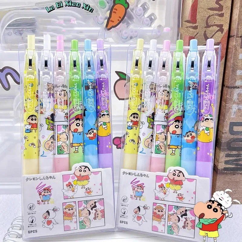 6pcs/box New Arrivals Crayon Shin-chan Press Gel Pen Sets Cartoon Anime Stationery 0.5MM Black Student Use pen