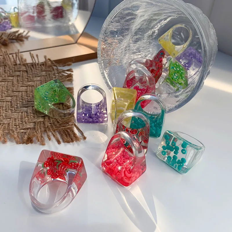 Summer Hot Sale Multi Color Geometric Acrylic Rings Cartoon Fruit Ring Cute Candy Colored Resin Ring