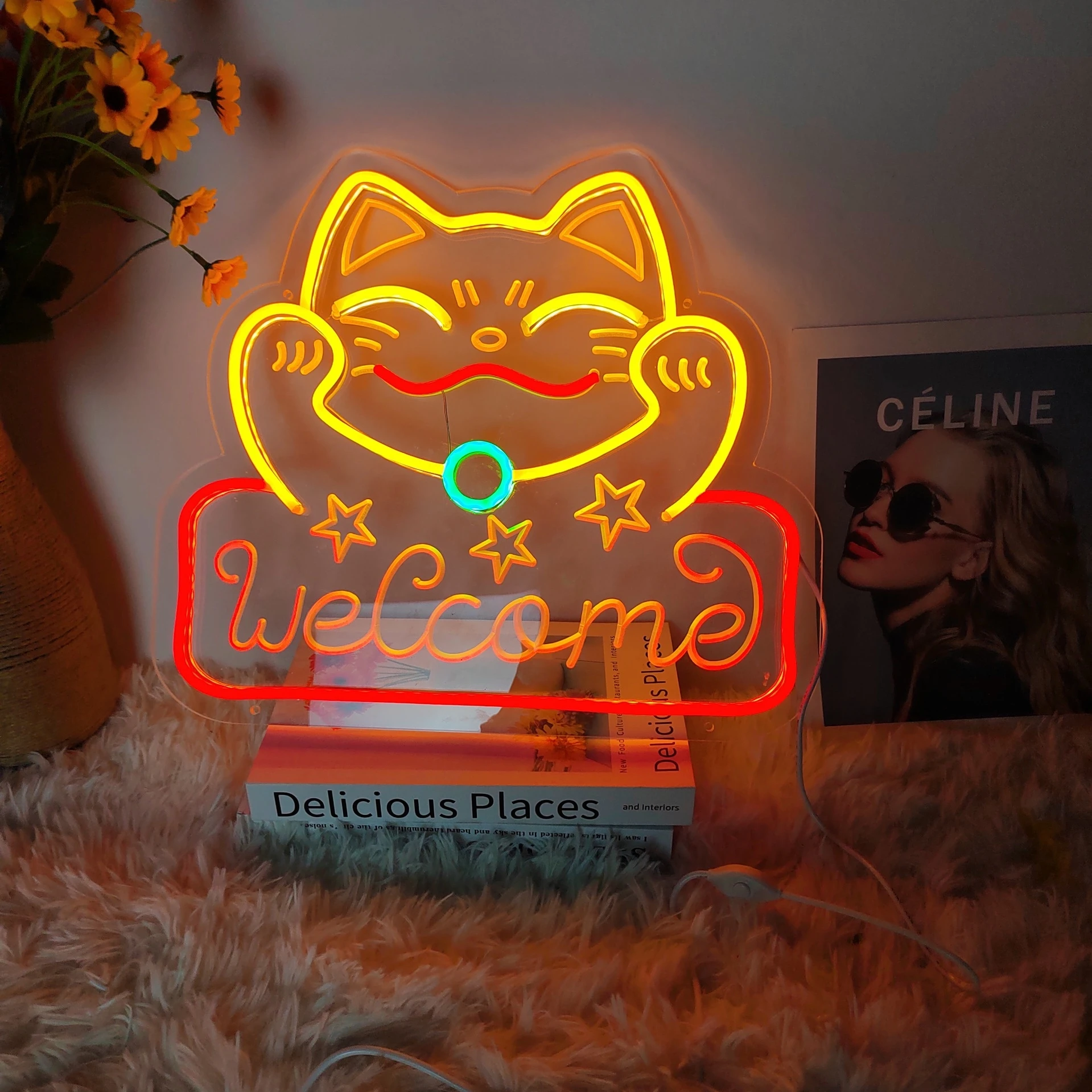 Manufacturer Fast delivery Dropshipping  Lucky Cat welcome led neon letter sign custom led light logo neon sign custom