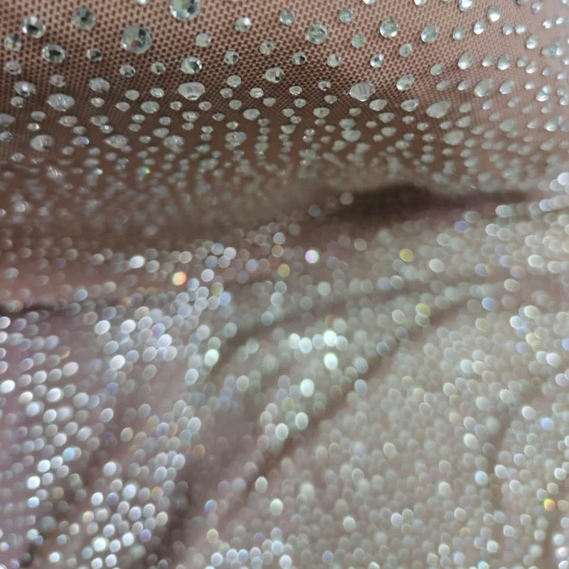 Hot Sale Rhinestone Clothing Material Starry Crystal Stretchable Mesh Fabric Any Color Can Custom