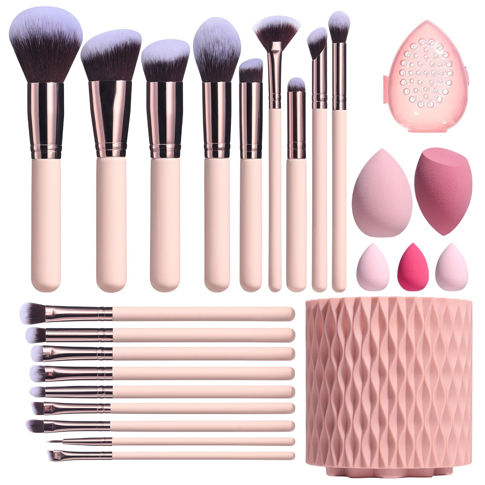 Factory Premium Synthetic Pink Kabuki Wood Makeup Brush Sets with holder & kits 18 Pcs and 5 Sponge & Holder Sponge Case