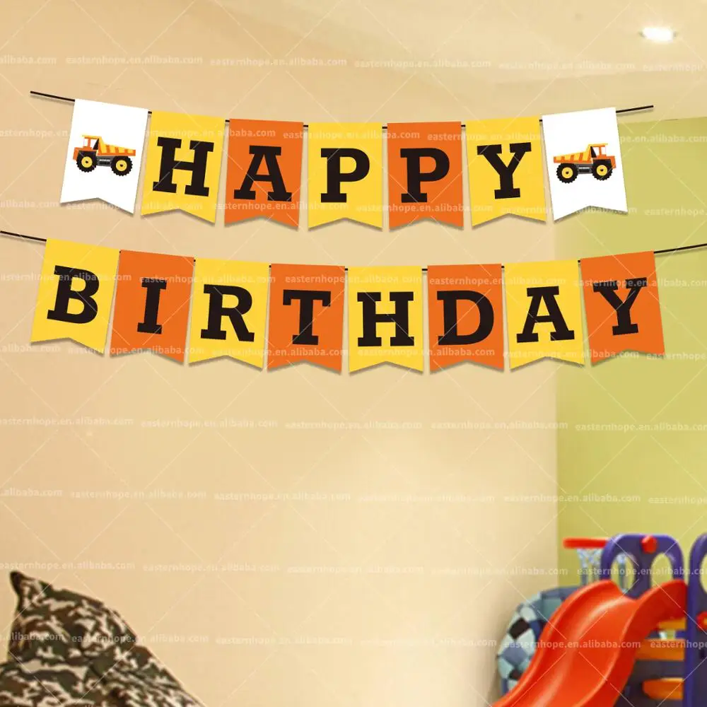 
EasternHope Construction Birthday Party Supplies Banner Construction Happy Birthday Banner with Builder Bulldozer Excavator 