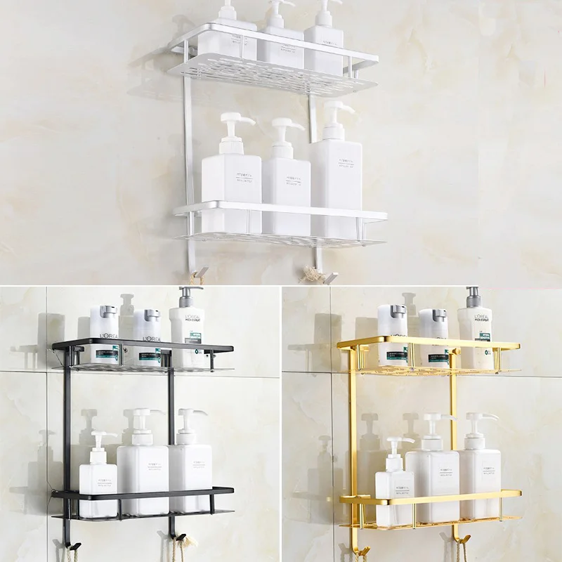 2 Tier Aluminum Bathroom Corner Shelf Shampoo Cosmetic Storage Rack Wall Mounted Kitchen Bathroom Corner Shelf