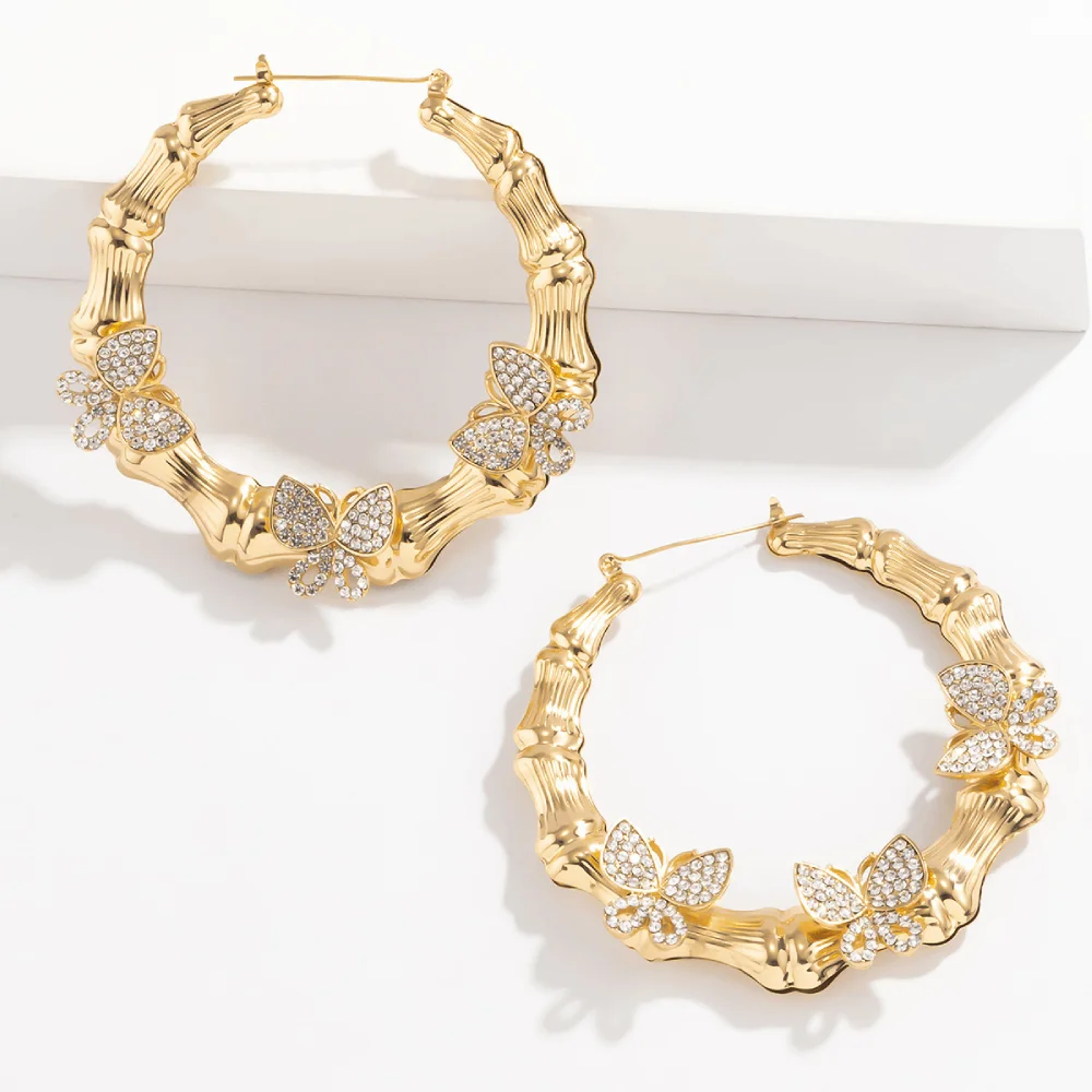 brass alloy with zirconia beads paving butterflies charms bog retro hustle hoop bamboo earrings women butterfly earring