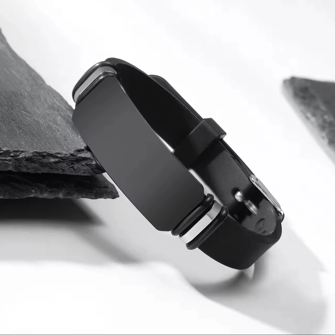 Custom Engravable Bar Black Single Silicone Mens Stainless Steel Adjustable Bracelet