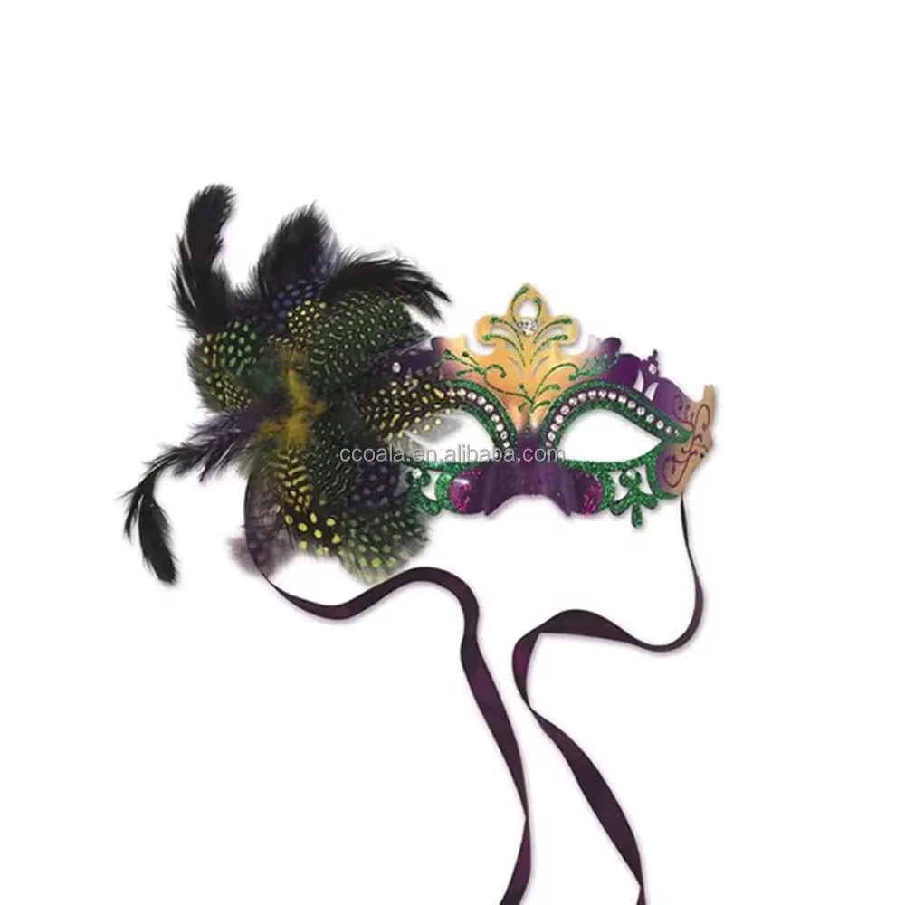 Plastic Mardi Gras Mask With Dot Feather On Side