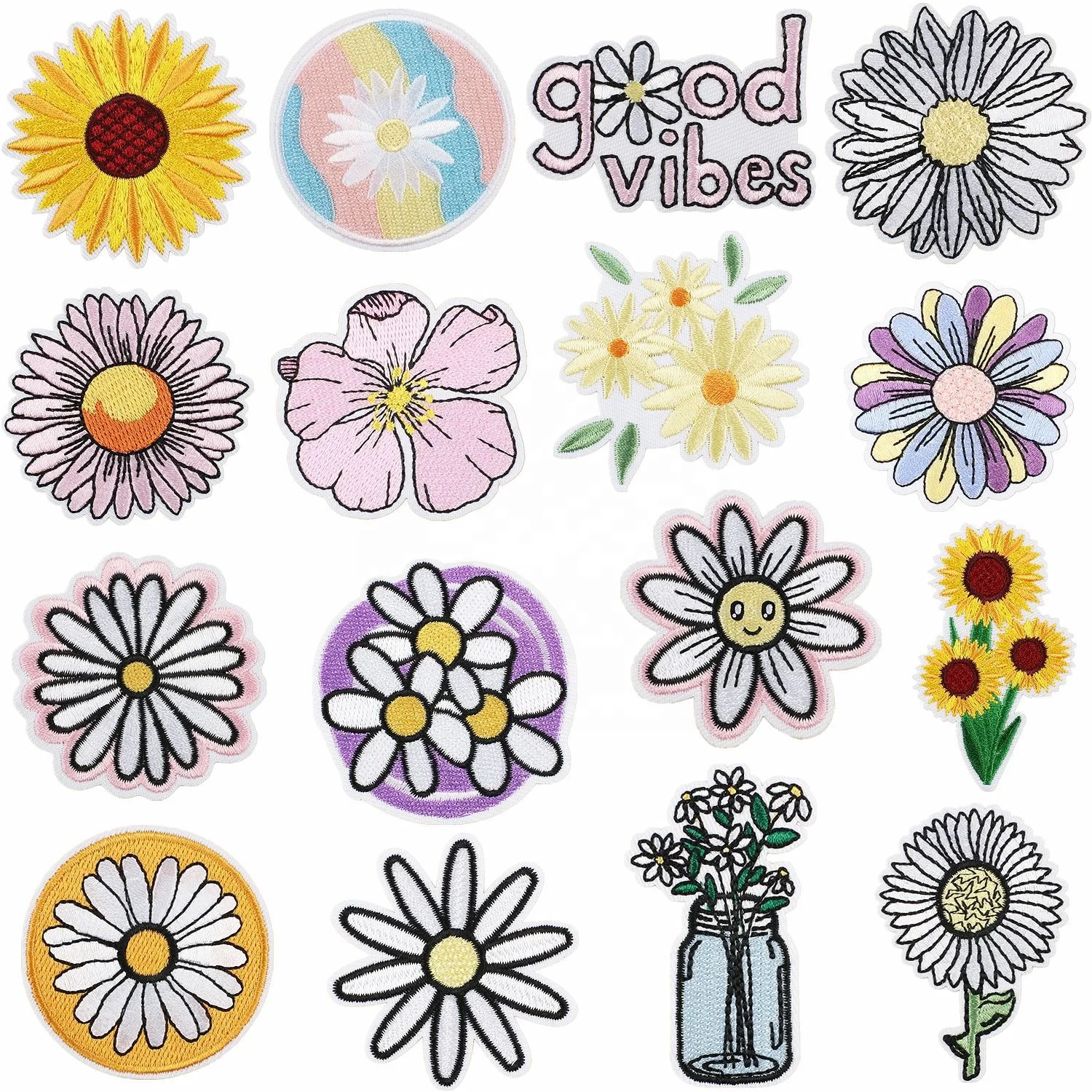 Wholesale Full Embroidered Flower Logo Clothes Patch Colorful Flower Design Custom Embroidery Iron On Patches for Clothes
