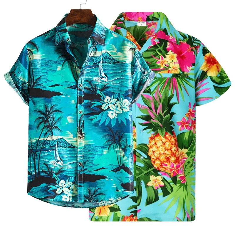 Mens Hawaiian Shirts Pineapple Tops Striped Blouse Novelty Hawaii Wear Fancy Fruit Print Clothes Beach Shirt