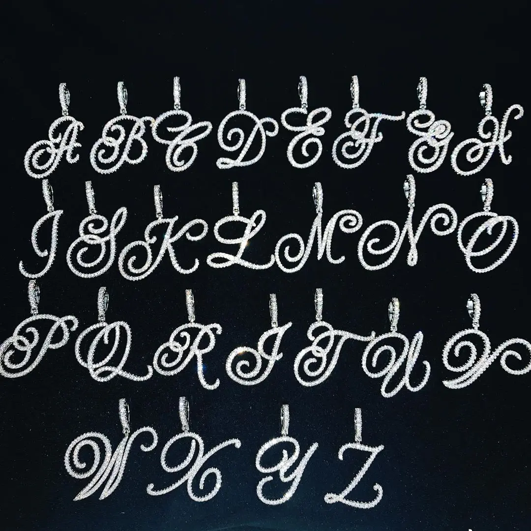 customize name micro pave cz ice out bling women 26 initial Alphabet cursive script letter necklace