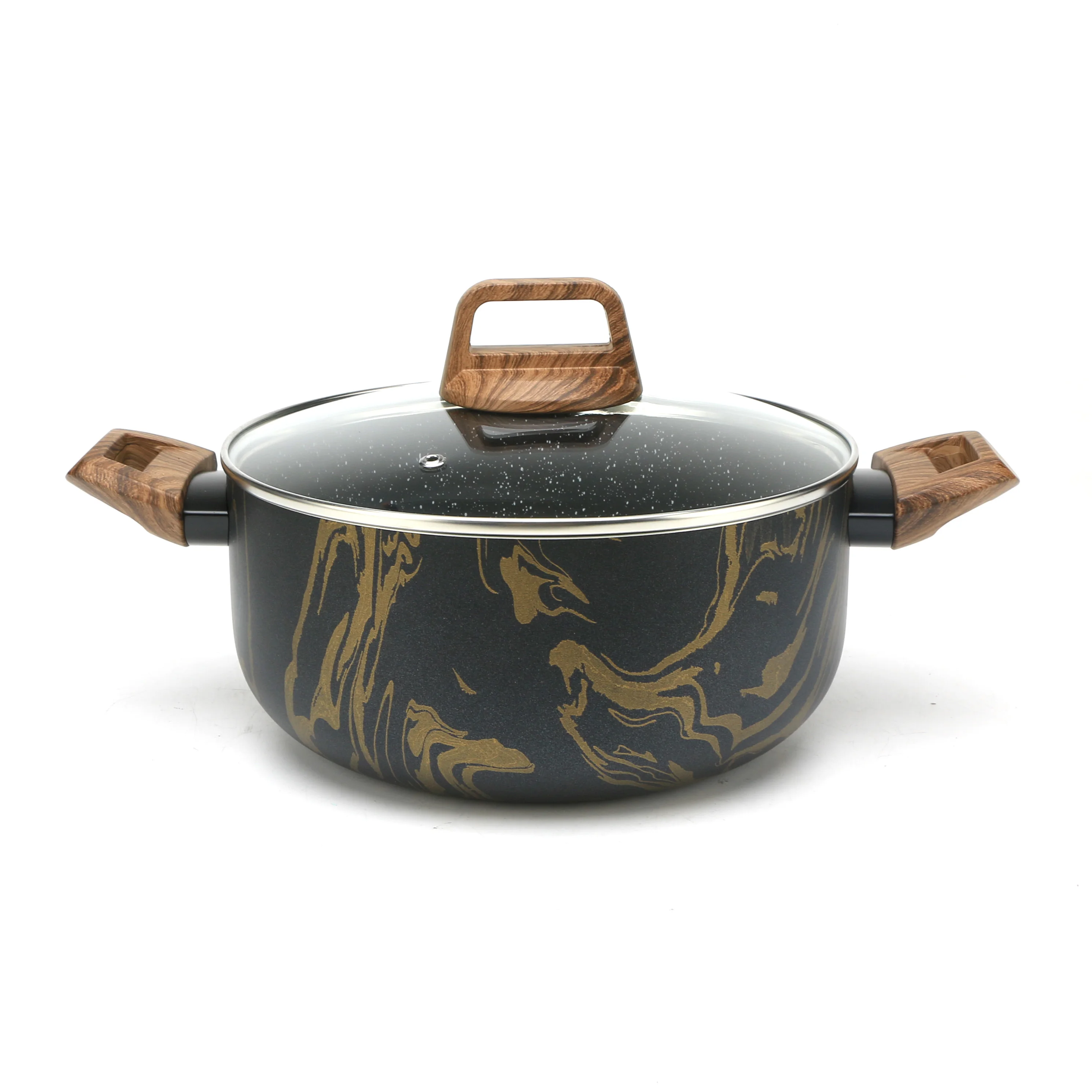 Non Stick Aluminum Granite Breakfast Large Stew Casserole Cookware with Wooden Handle